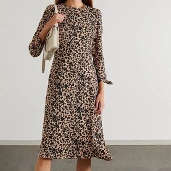 Reformation Port Dress 3/4 Sleeves Leopard Print Midi Women's Size 6 Brown Black - Picture 10 of 11